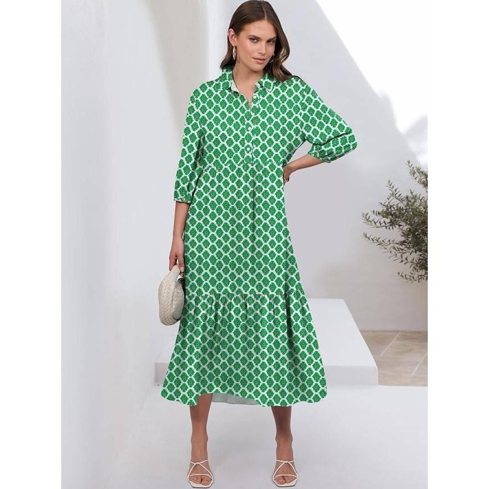 Anrabess Green Floral Puff Sleeve Maxi Shirt Dress XL Cottagecore Summer Resort - Picture 13 of 15